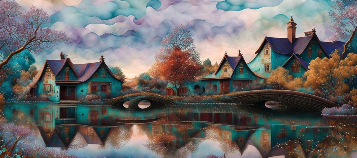 Tranquil landscape with whimsical houses, reflective lake, stone bridge, vibrant skies