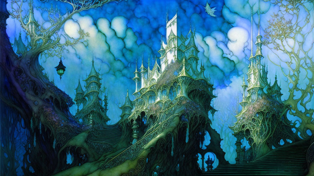 Ethereal castle on twisted tree-like structures under starry sky