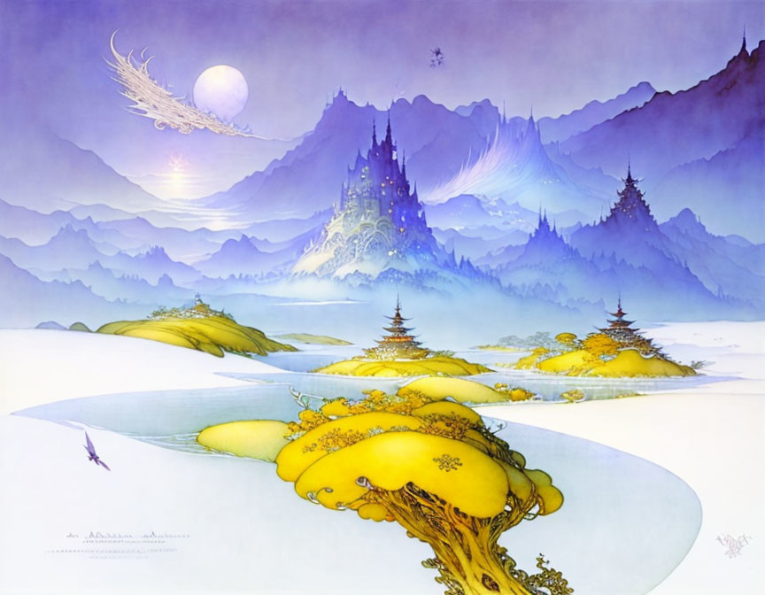 Fantastical landscape with golden trees, river, mountains, castle, two suns, crescent