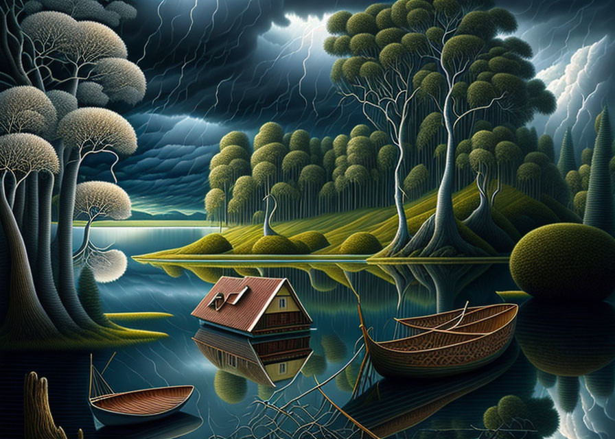 Surreal landscape with stylized trees, floating house, boats, stormy sky.