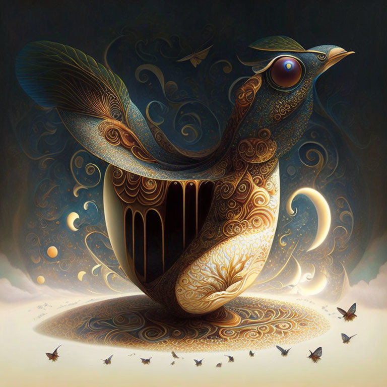 Whimsical bird and teacup fusion with intricate patterns on mystical background