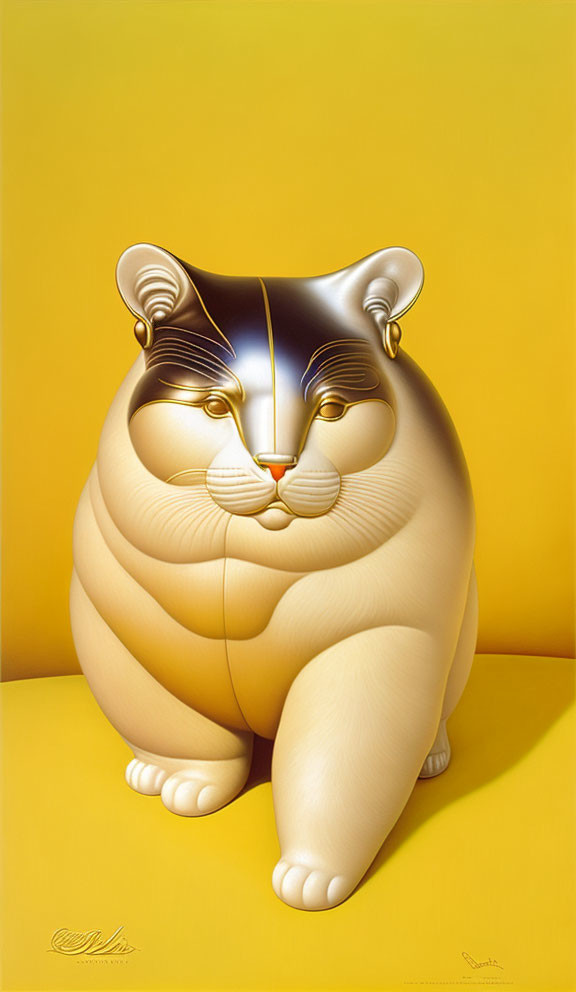 Stylized Plump Cat with Oversized Head on Bright Yellow Background