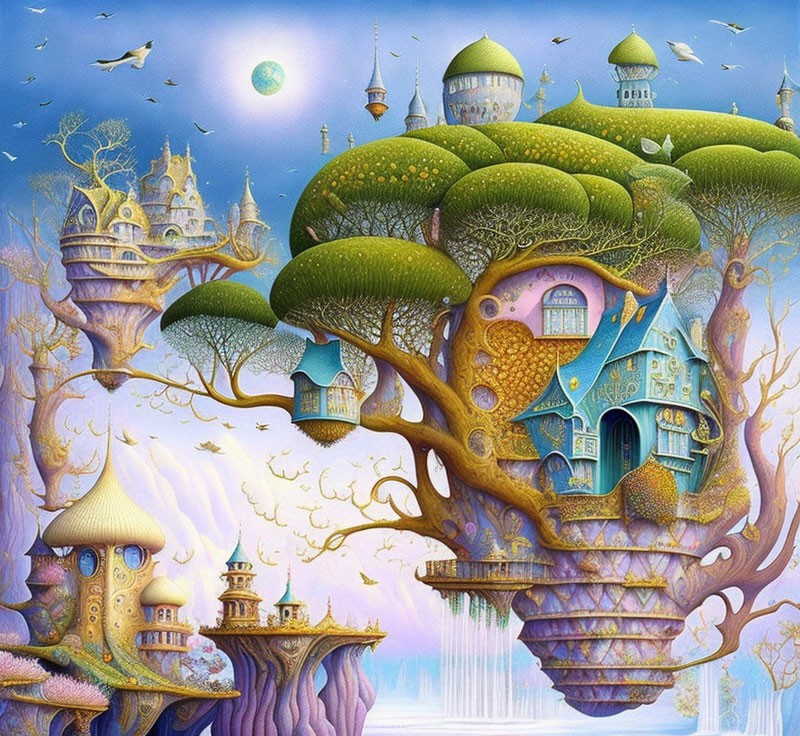 Vibrant whimsical treehouse artwork with floating islands & waterfalls