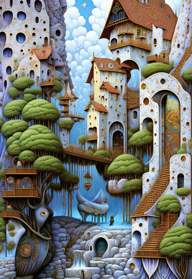 Fantastical treehouse-like buildings with stairs and arches against a cloudy sky