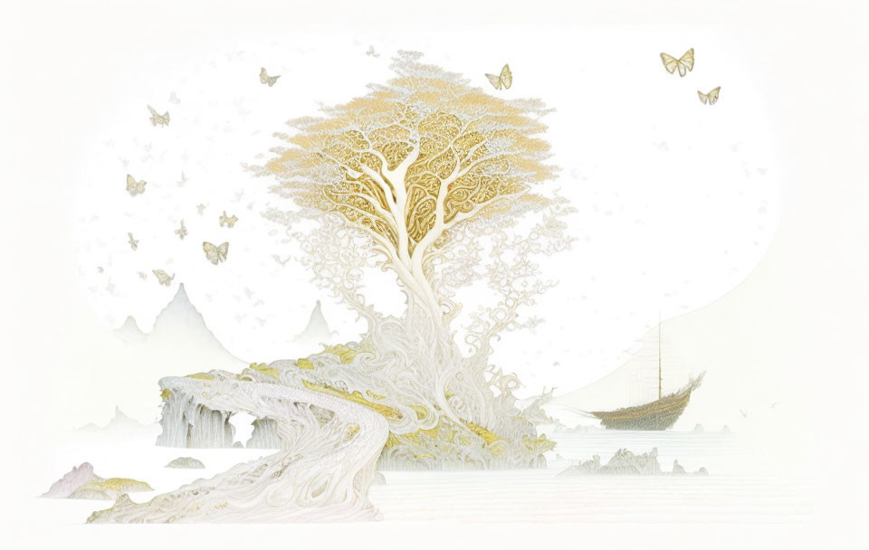 Golden tree, butterflies, sailboat in dreamlike pastel scene