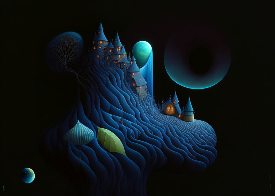 Whimsical blue landscape with glowing orbs and castle structures