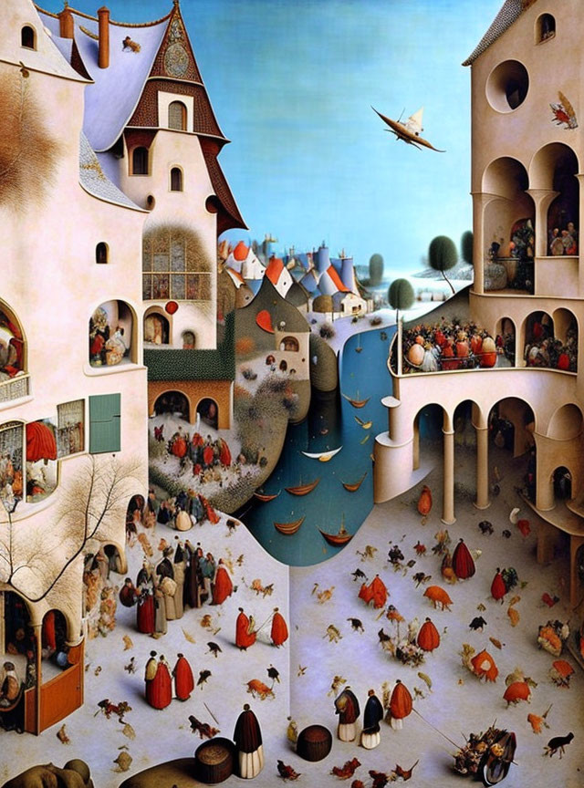 Vibrant painting of medieval village with characters, buildings, river, boats, and plane