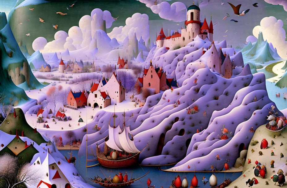 Medieval town winter scene with castle, ship, and people in whimsical painting