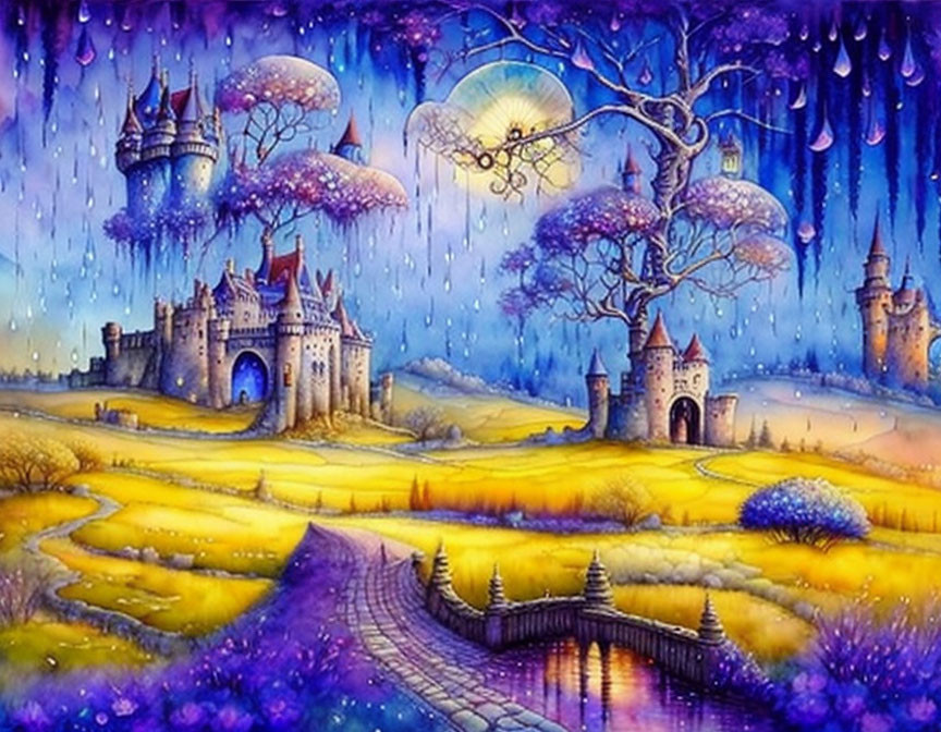 Colorful Fantasy Landscape with Castle, Moon, and Stone Bridge