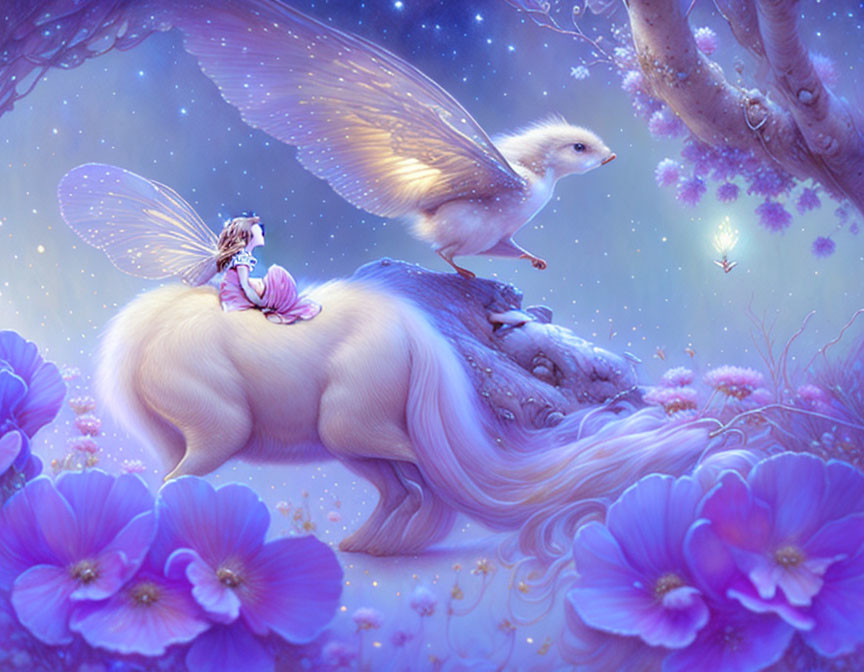 Girl riding fluffy creature under starry skies with bird and flowers