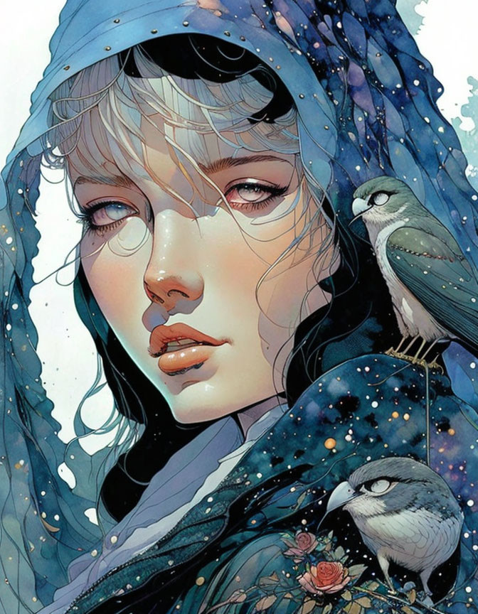 Illustrated woman with blue scarf, wet eyelashes, birds, snowy setting