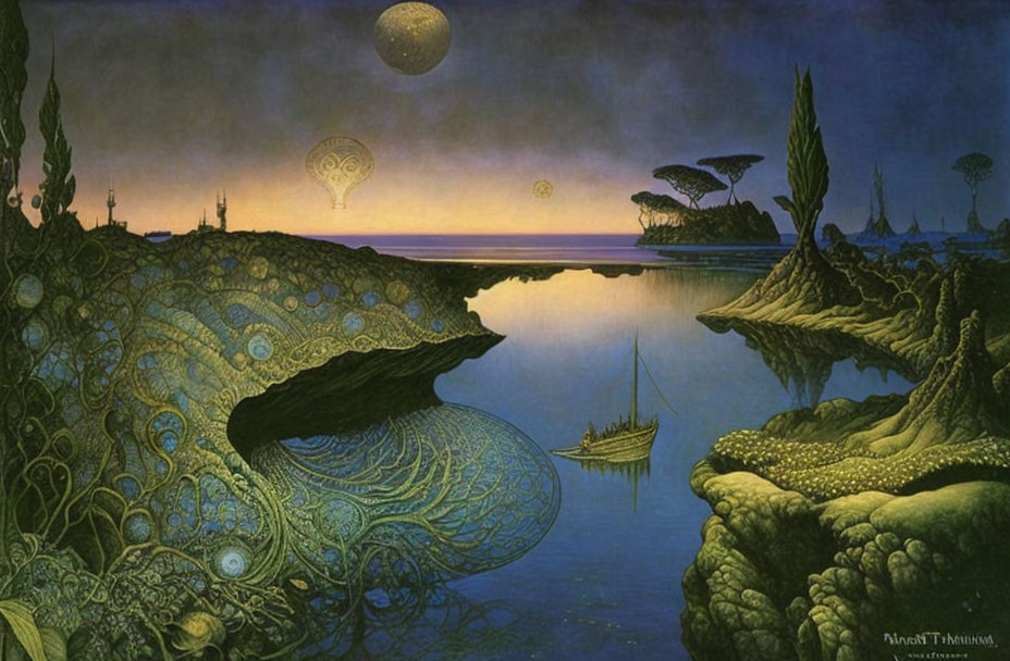 Twilight seascape with sailboat, mystical flora, and glowing orbs