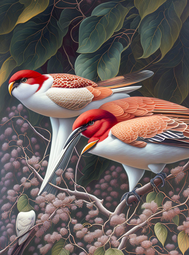 Colorful Birds with Red Heads and White Bodies Perched on Branches