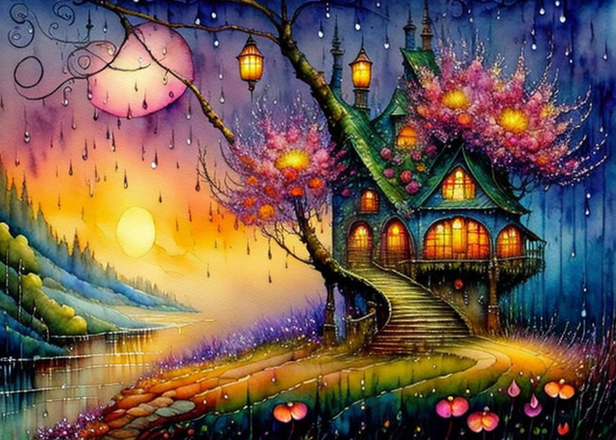 Enchanted treehouse painting with vibrant flowers and glowing lanterns