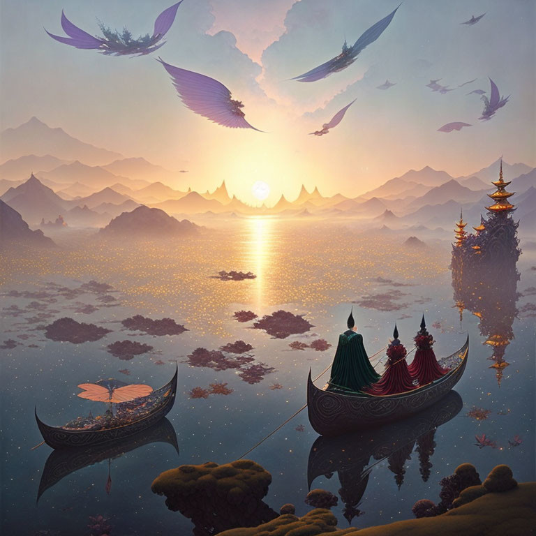 Fantasy sunset landscape with boat, floating islands, birds, and lantern-lit tree