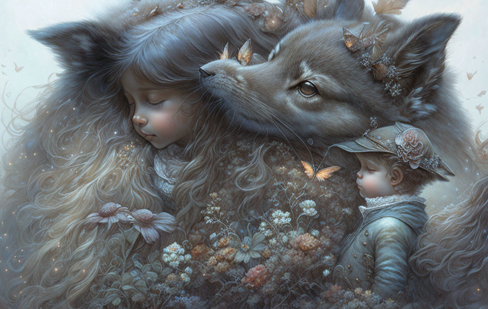 Illustration of young girl with gentle wolf, flowers, and elf-like creatures