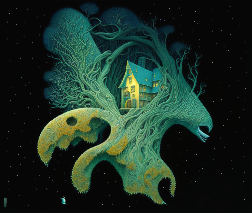Surreal tree with house-shaped branches under starry night sky