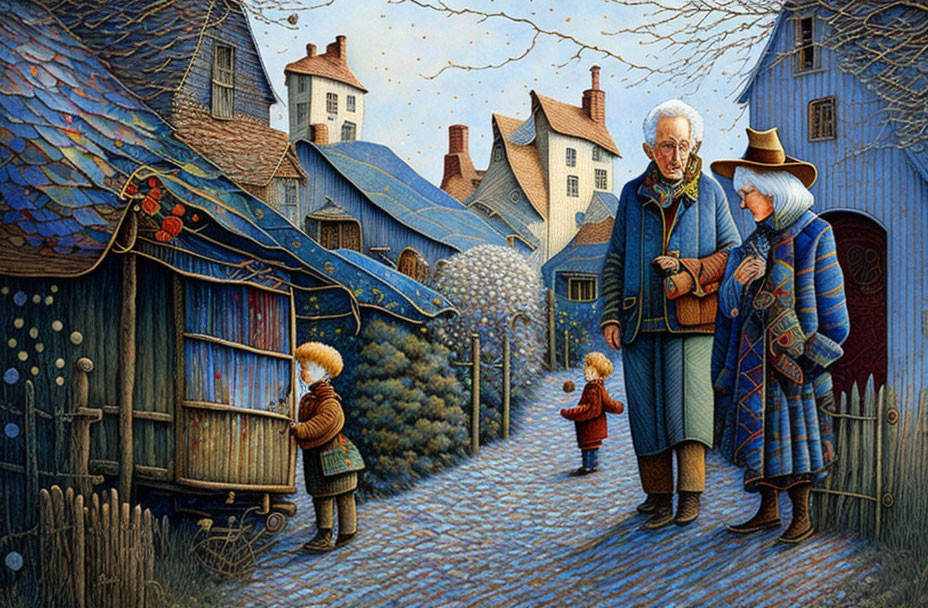 Elderly Couple Talking to Boy on Cobblestone Street