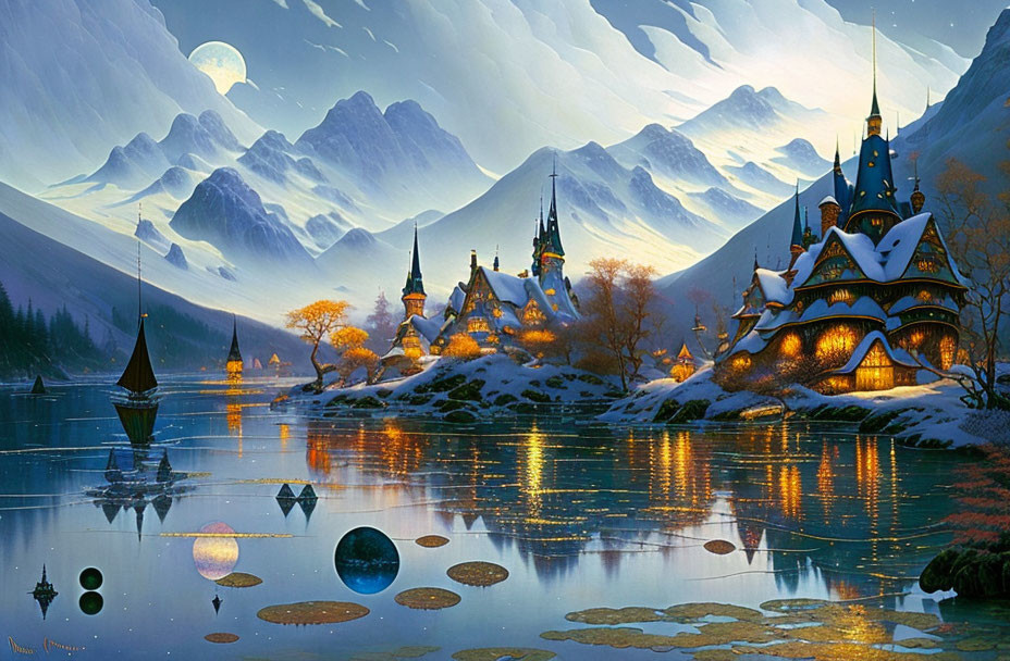 Fantastical illuminated castle-like structures in snowy mountain landscape