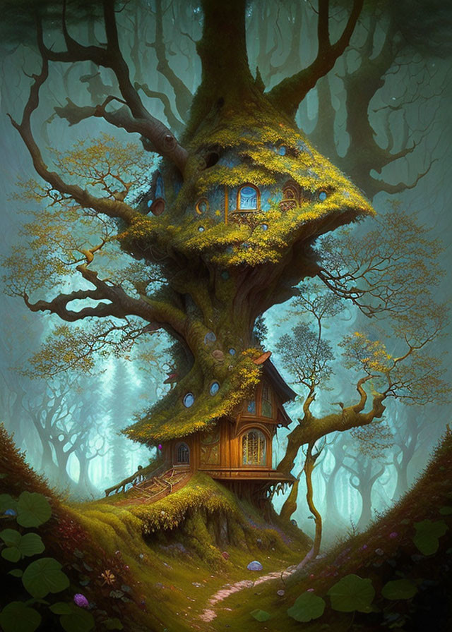 Enchanting artwork of a tree with a hidden house in a magical forest