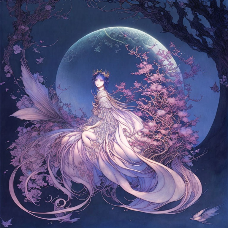 Ethereal figure under cherry blossoms with luminous moon