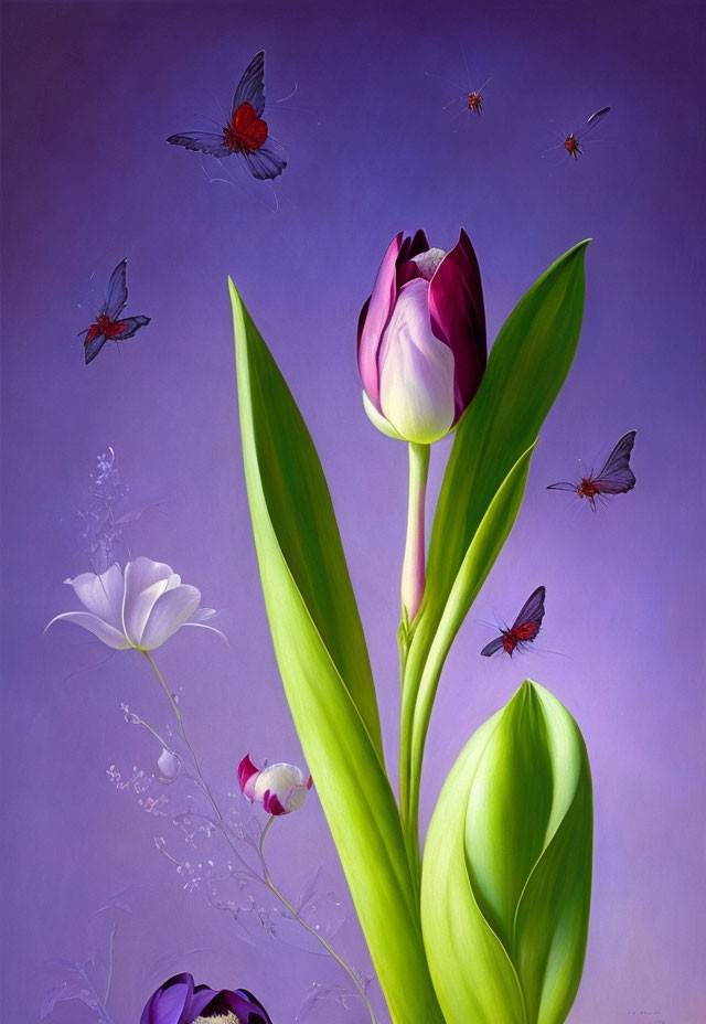 Colorful painting of purple tulip, butterflies, and insects on purple background