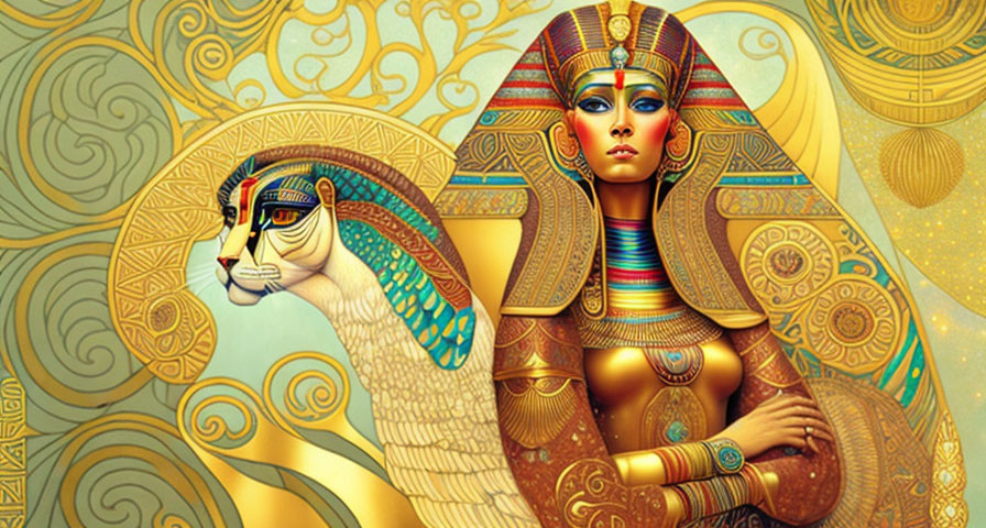 Illustrated portrait of a woman as ancient Egyptian pharaoh with lion companion