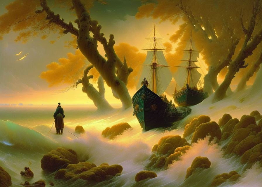 Person and ships in surreal forest-like scene on misty golden waters