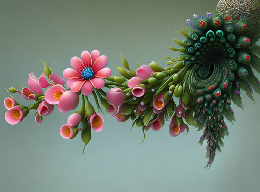 Symmetrical Stylized Flower and Peacock Feather Digital Artwork