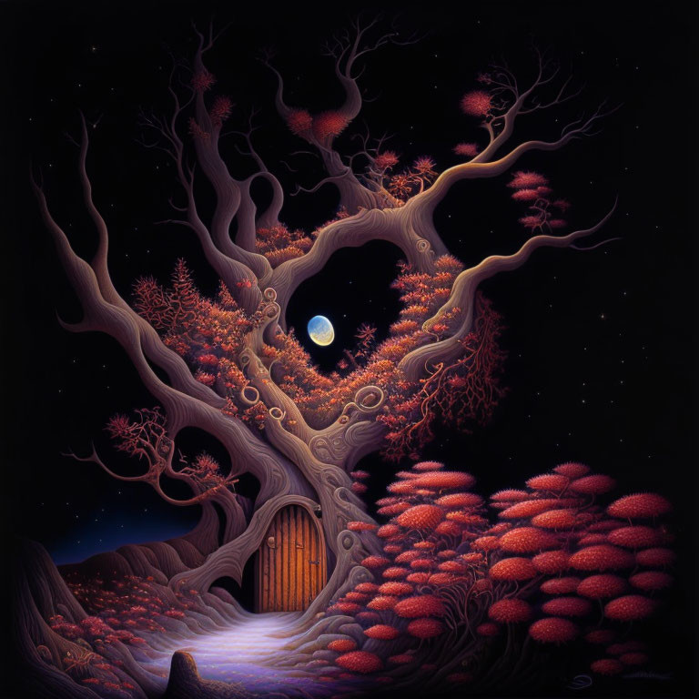 Mystical night scene with red tree, gate, glowing mushrooms, and moon