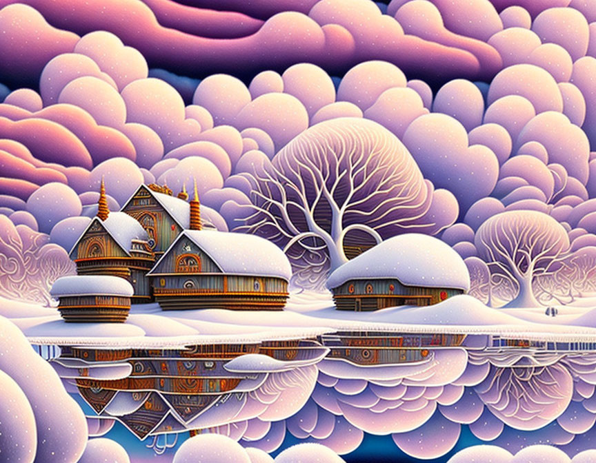 Fantasy village in snow with stylized houses and trees by icy lake under purple sky