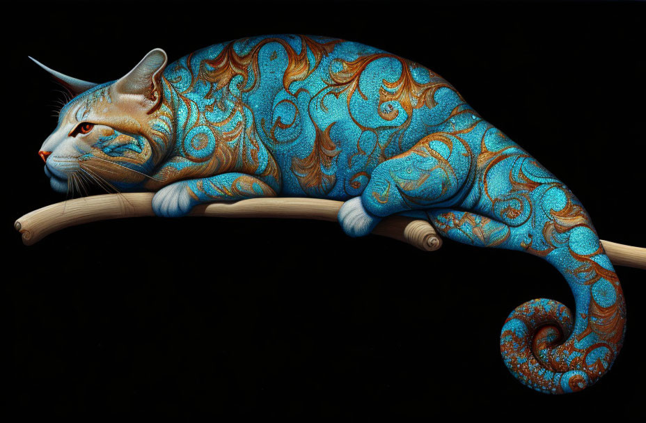 Elaborate blue and gold patterned cat on wooden branch