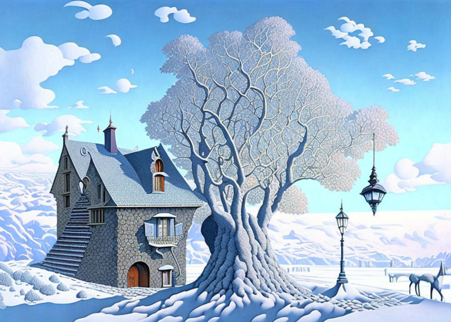 Winter scene with leafless tree, stone house, street lamps, horses, and blue sky.