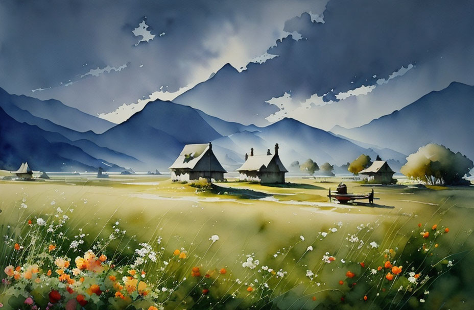 Pastoral scene watercolor painting with cottages, mountains, boat, and vibrant flowers