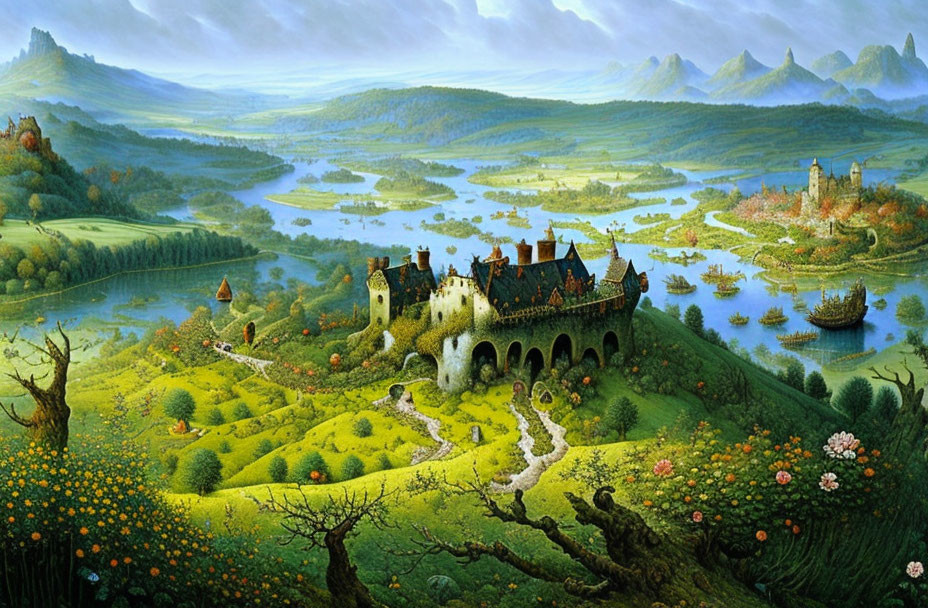 Fantasy landscape with castle, hills, river, boat, mountains, and clear sky