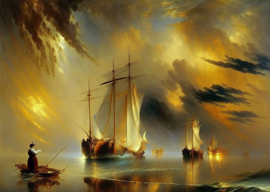 Sailing ships on calm seas at dusk with golden reflections, small boat and rower.