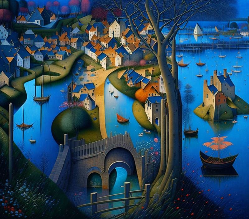 Vibrant, colorful painting of whimsical landscape with houses, boats, and trees