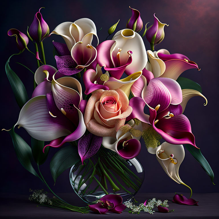 Colorful digital floral arrangement: calla lilies, rose, glass vase on purple.