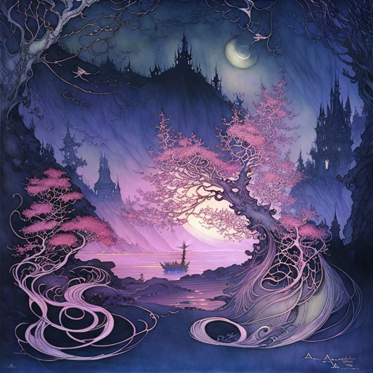 Fantastical landscape with twisting tree, pink foliage, castle silhouette, boat on tranquil sea under moon