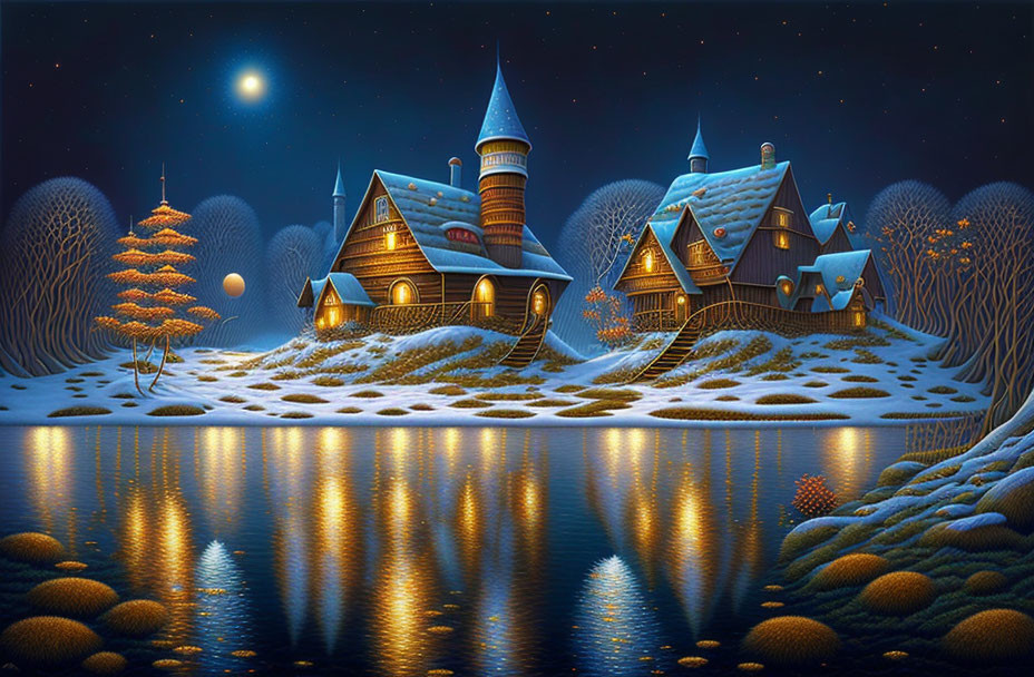 Snow-covered fantasy village at night with illuminated houses and starry sky