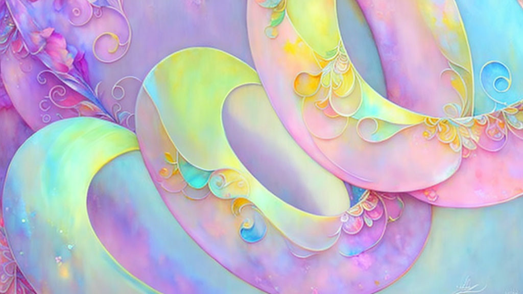 Pastel-colored swirling abstract forms with ornate gold patterns