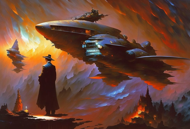 Figure in Hat Faces Spaceships in Surreal Fiery Sky