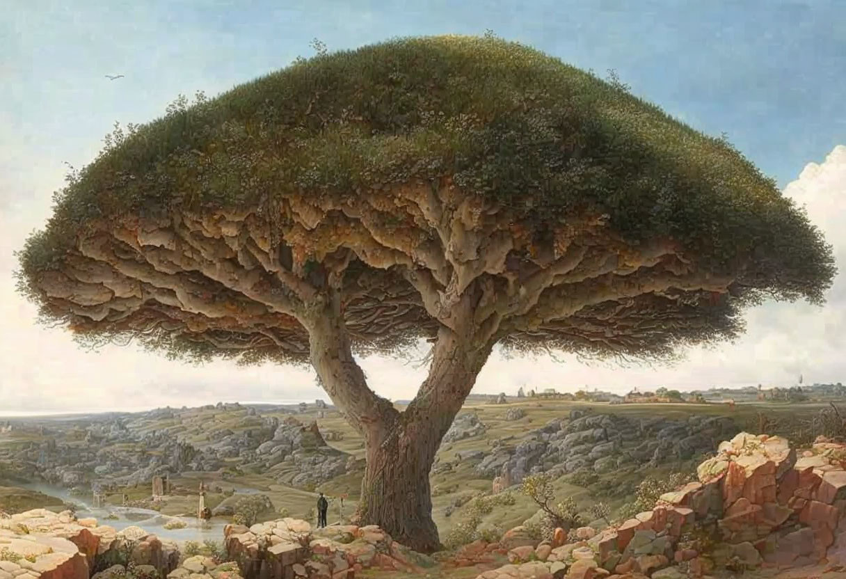 Surreal painting of massive tree in rocky landscape