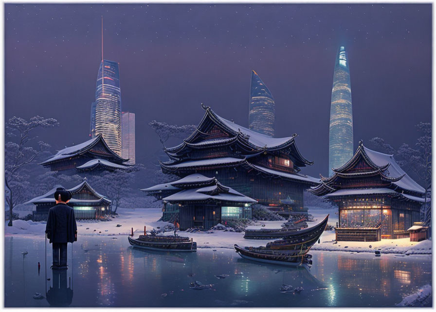 Person in traditional Japanese setting with futuristic skyscrapers at night