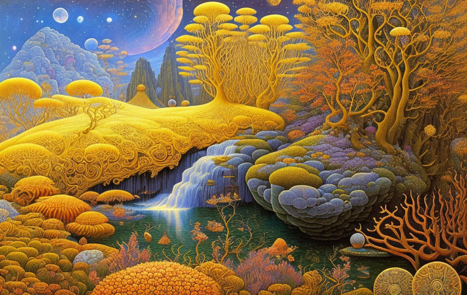 Colorful fantasy landscape with mushroom trees, waterfalls, river, and celestial bodies