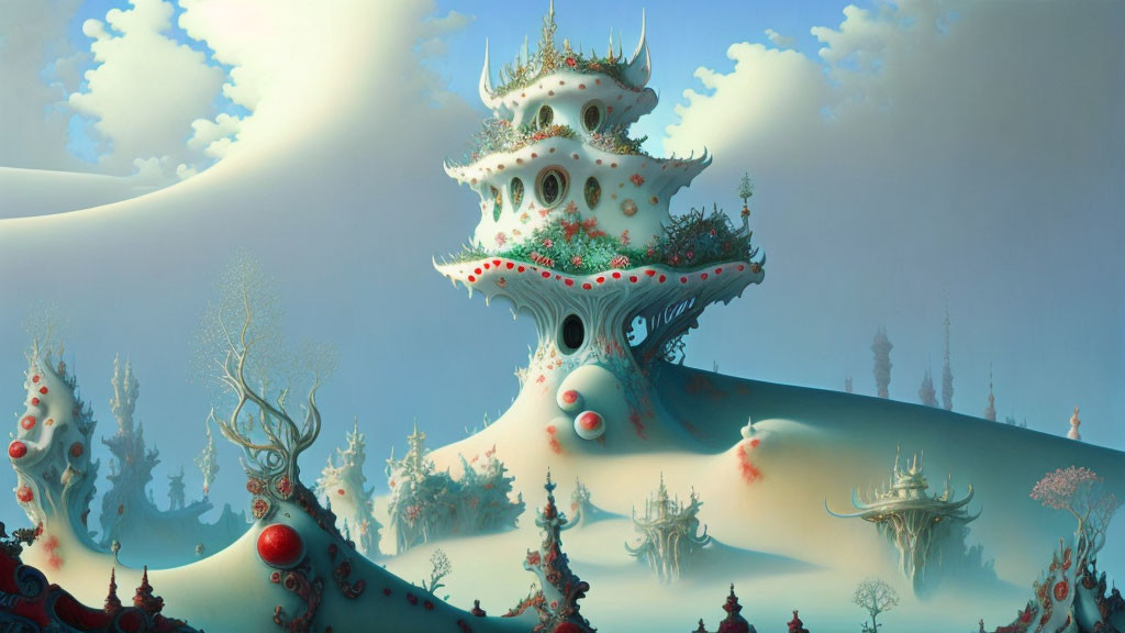 Surreal landscape with alien-like towers under serene blue sky