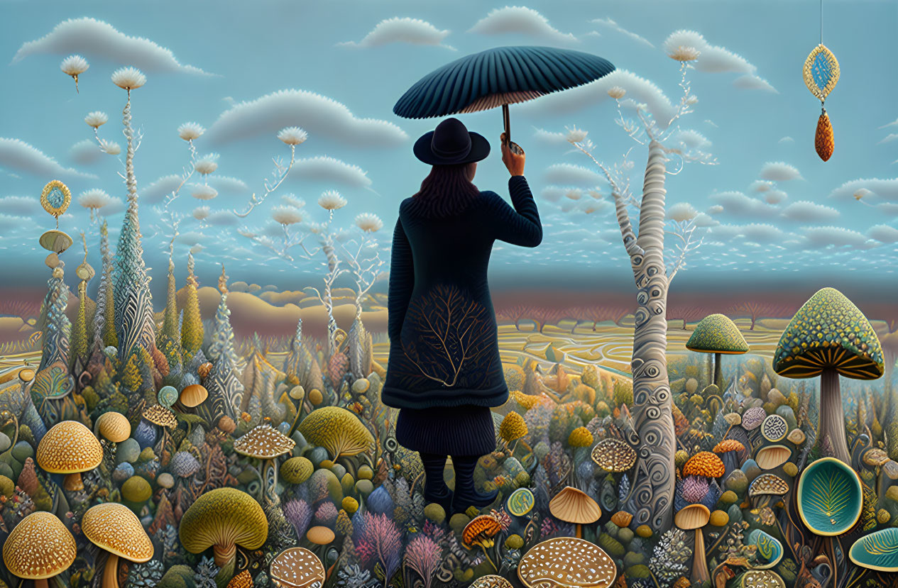 Colorful Surreal Landscape with Person Holding Umbrella and Fantastical Vegetation