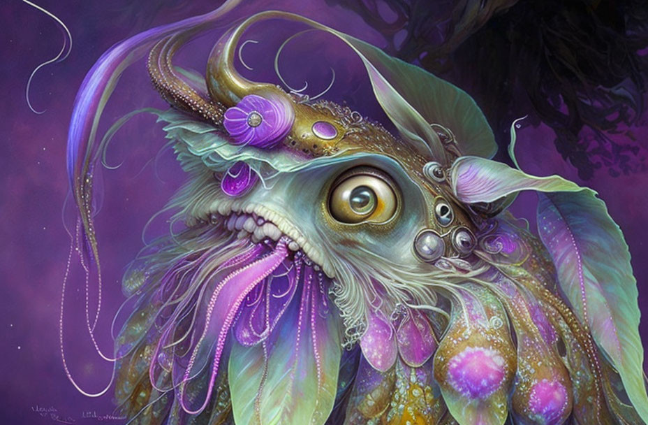 Fantastical creature with wide eyes, horn, and ornate purple details on whimsical violet backdrop