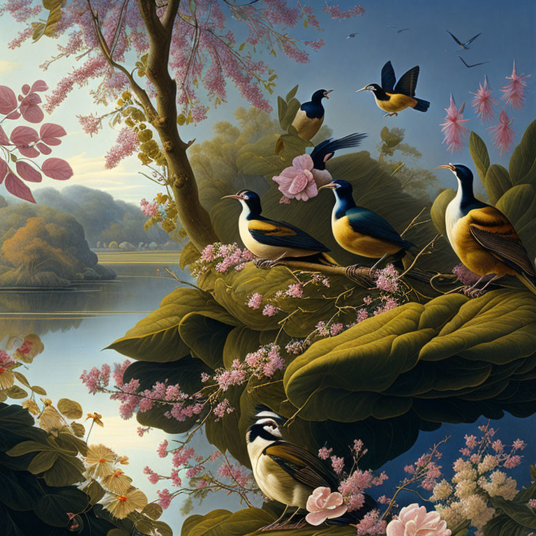 Tranquil lakeside with birds, green foliage, and pink blossoms