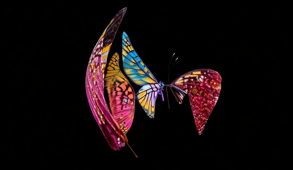 Vibrant butterfly with open wings on black background